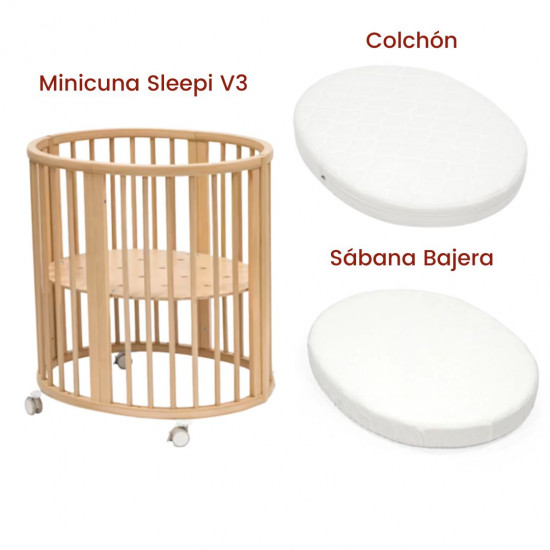 Minicuna Sleepi V3 Natural + Colchón + Sábana