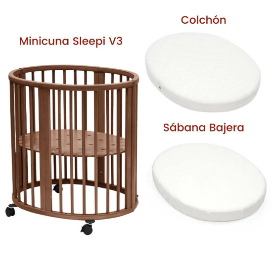 Minicuna Sleepi V3 Roble + Colchón + Sábana Bajera