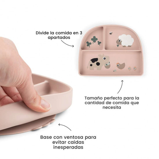 Plato Silicona con Ventosa Stick and Stay Tiny Farm Rosa